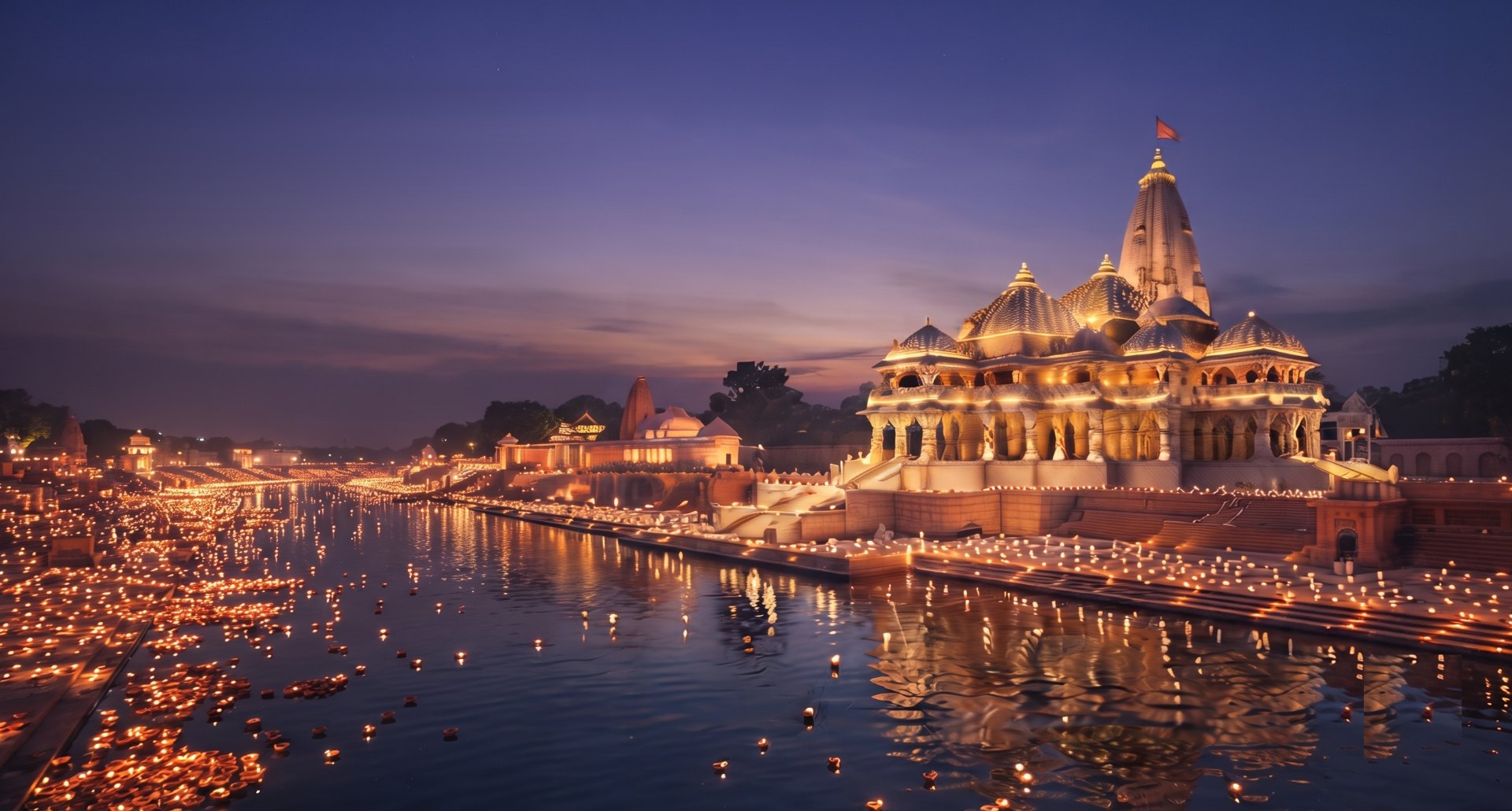 Shri Ram Mandir in Ayodhya lit with diyas along the Saryu at dusk