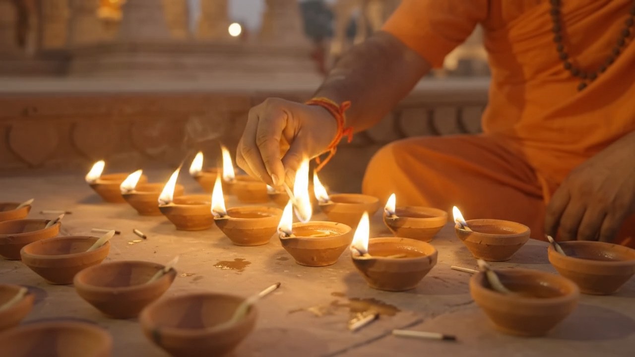 Pandit ji lighting clay diyas one by one