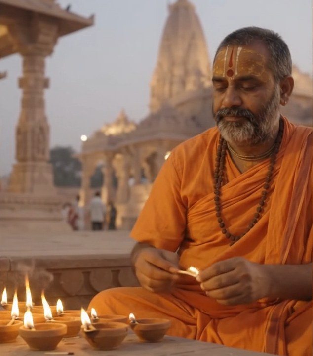 Pandit ji lighting diyas in Ayodhya